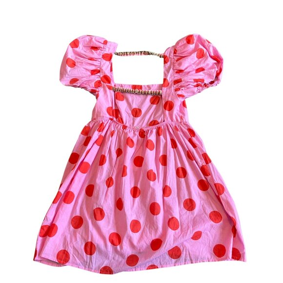 Pitusa Pink Polka Dot Babydoll Mini Dress Puff Sleeves Open Back Size Small NWT - Picture 8 of 13